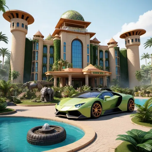 Prompt: very realistic hotel picture with a big garden and pool inspired in the rainforest with waterfalls and Egypt palace towers designed with  Dino Park in the area, real details 8k, in the parking there is a Buggy 4x4 Lamborgini big wheels 