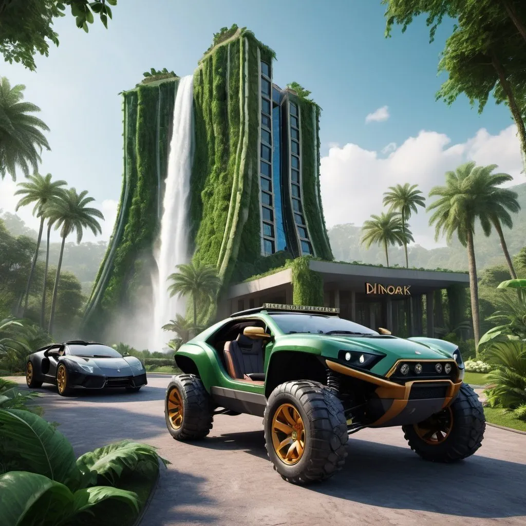 Prompt: very realistic hotel picture with a big garden and pool inspired in the rainforest with waterfalls and Roma palace towers designed with  Dino Park in the area, real details 8k, in the parking there is a Buggy 4x4 big wheels Lamborgini military color style luxury car