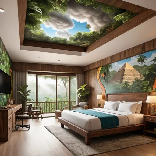 Prompt: very realistic hotel room with a king double side bed cloud and big inspired in Mexico, rainforest, Egypt and wood design with pictures from Dino Park, 
real details 8k 