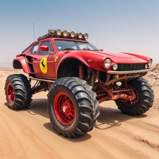 Prompt: 4x4 buggy big wheels Ferrari Land in the desert Mad MAx movie style, realistic details 8k perspective 8k volumetric, a vibrant and colorful high quality realistic details in HDR