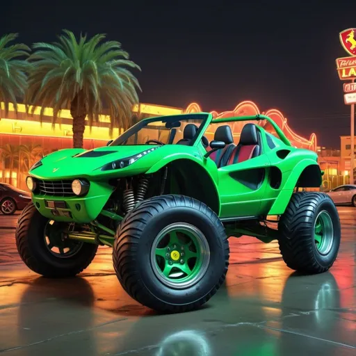 Prompt: 4x4 buggy big wheels green Ferrari Land in the night of a Color los angeles City, realistic details 8k perspective and 8k volumetric drawing , a vibrant and colorful high quality digital painting in HDR