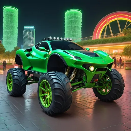 Prompt: 4x4 buggy big wheels green Ferrari Land in the night of a Color futuristic city, realistic details 8k perspective and 8k volumetric drawing, a vibrant and colorful high quality realistic details in HDR