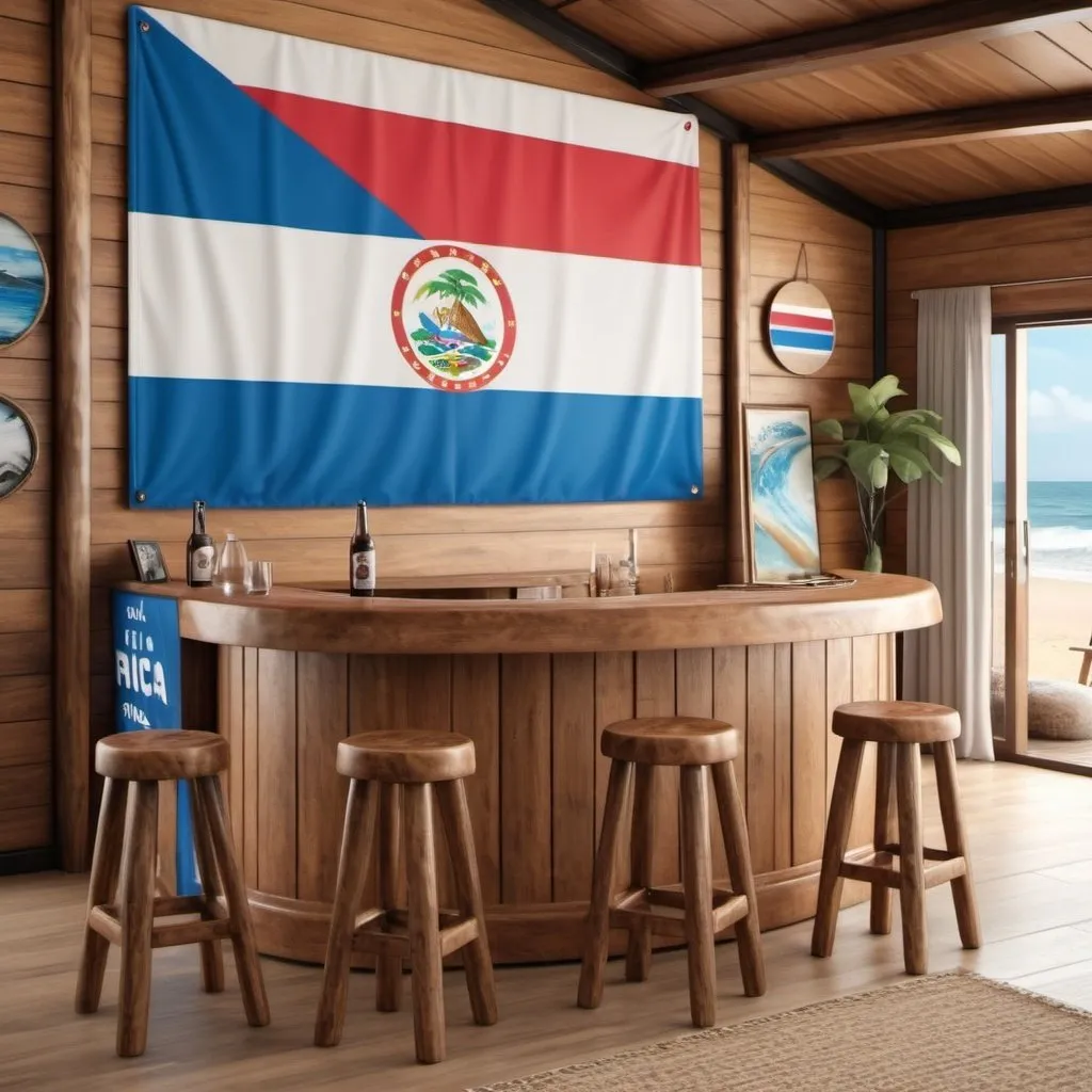 Prompt: beach house Pacific style wood with a big bar in the living room with the Costa Rica Flag on the wall and surfboard decoration, very realistic 8k extream details
