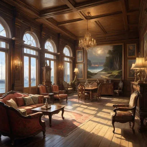 Prompt: An ominous and gloomy living room wood with view to the docks, a stunning Donato Giancola's masterpiece in <mymodel> barroque rococo artstyle by Anders Zorn and Joseph Christian Leyendecker , neat and clear tangents full of negative space , a dramatic lighting with detailed shadows and highlights enhancing depth of perspective and 8k volumetric drawing , a vibrant and colorful high quality digital painting in HDR