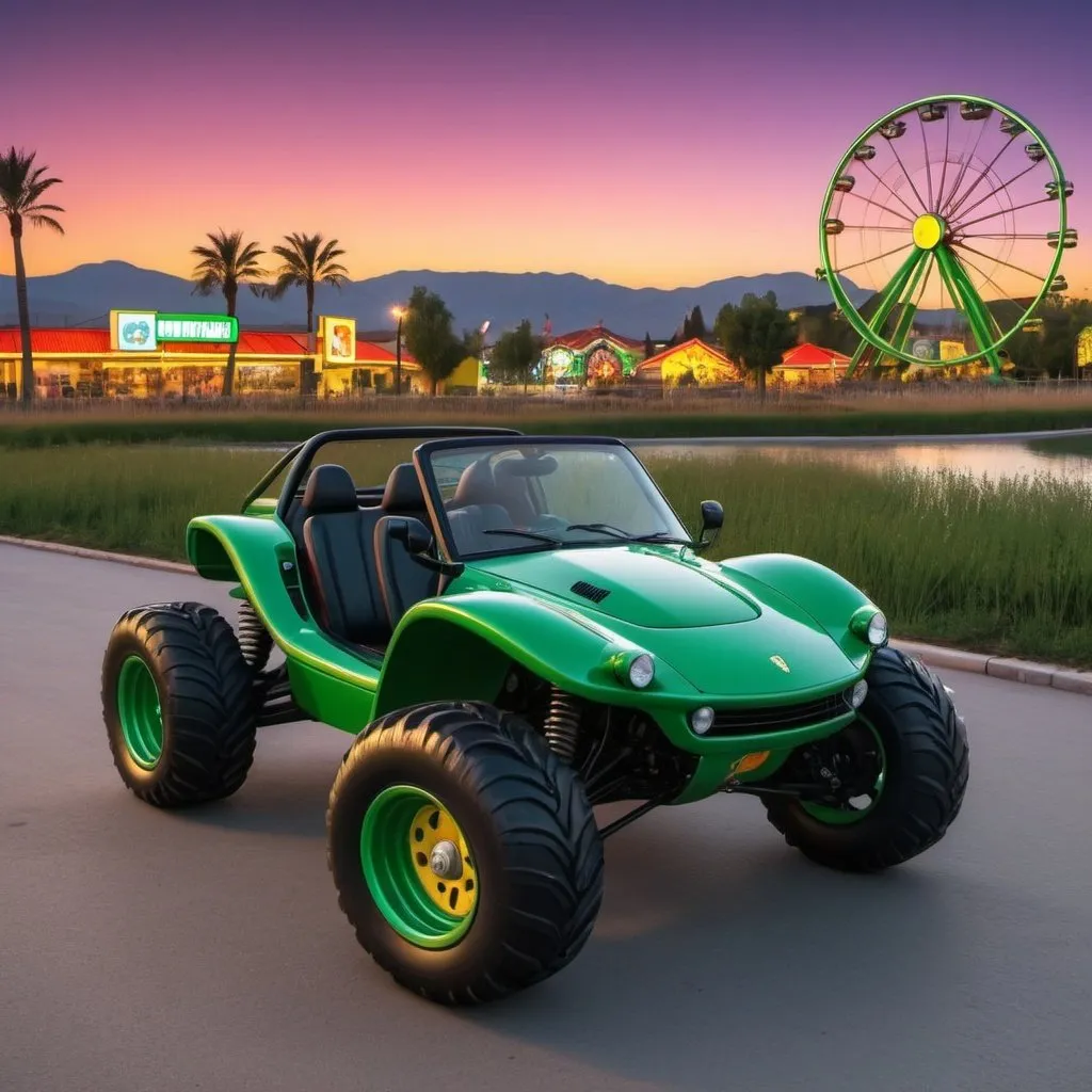 Prompt: 4x4 buggy big wheels green Ferrari Land in the night of a Color The Simpsons comic City, realistic details 8k, sunset time city springfild