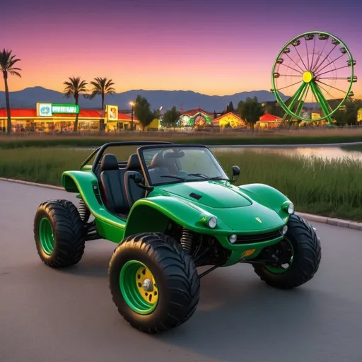 Prompt: 4x4 buggy big wheels green Ferrari Land in the night of a Color The Simpsons comic City, realistic details 8k, sunset time city springfild