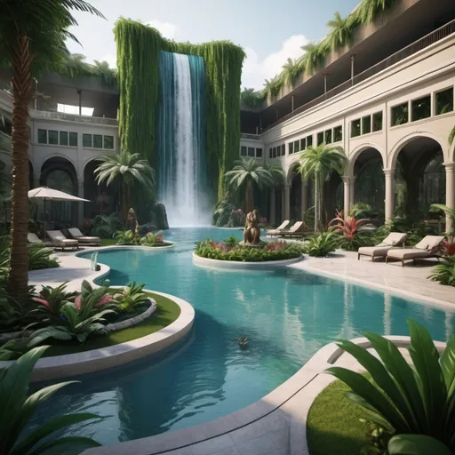 Prompt: very realistic hotel picture with a big garden and pool inspired in the rainforest with waterfalls and Dubai palace designed with Dino Park in the area, real details 8k, in the pool there is a Lamborgini Yath military color style luxury 