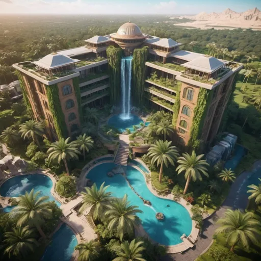 Prompt: very realistic hotel drone picture with a big garden and pool inspired in rainforest with waterfalls and Egypt palace towers design with  Dino Park in the area, real details 8k 