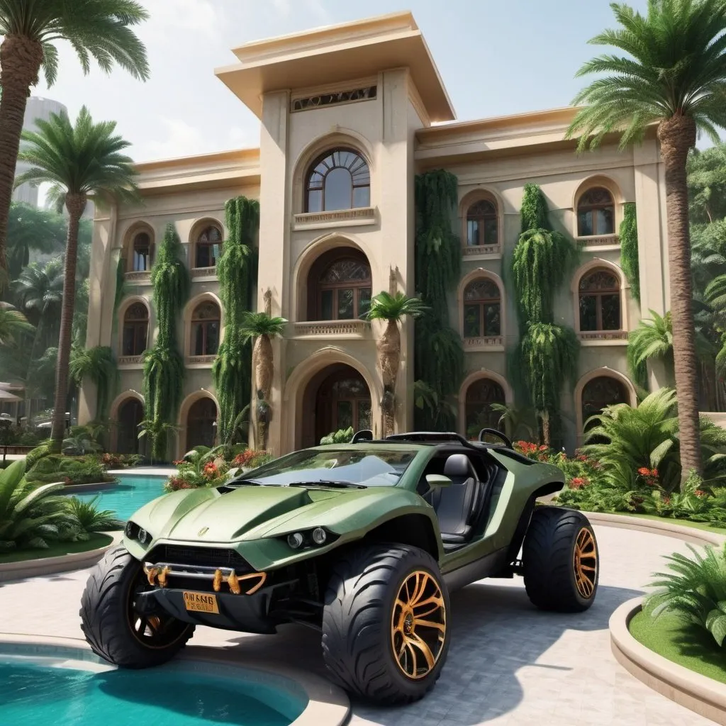 Prompt: very realistic hotel picture with a big garden and pool inspired in the rainforest with waterfalls and Dubai palace designed with Dino Park in the area, real details 8k, in the parking there is a Buggy 4x4 big wheels Lamborgini military color style luxury car