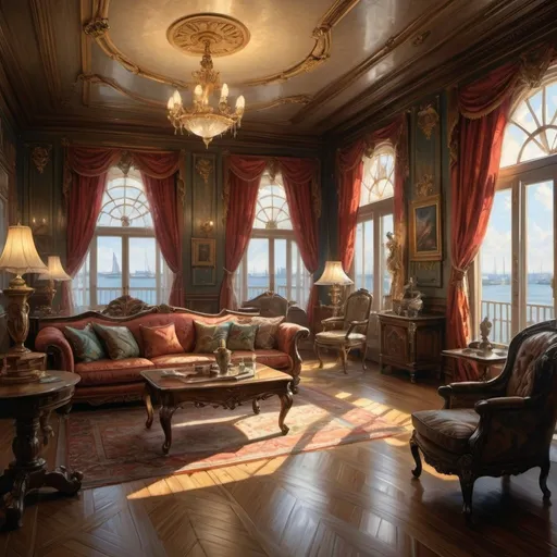 Prompt: An ominous and gloomy living room wood with view to the docks, a stunning Donato Giancola's masterpiece in <mymodel> barroque rococo artstyle by Anders Zorn and Joseph Christian Leyendecker , neat and clear tangents full of negative space , a dramatic lighting with detailed shadows and highlights enhancing depth of perspective and 8k volumetric drawing , a vibrant and colorful high quality digital painting in HDR