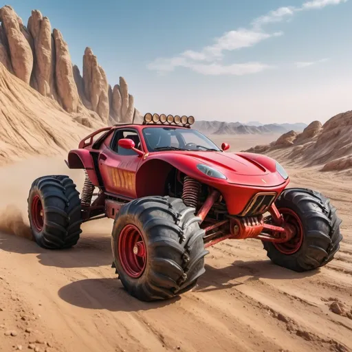 Prompt: 4x4 buggy big wheels Ferrari Land in the desert Mad MAx movie style, realistic details 8k perspective 8k volumetric, a vibrant and colorful high quality realistic details in HDR