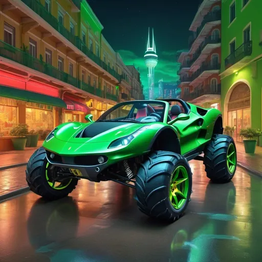 Prompt: 4x4 buggy big wheels green Ferrari Land in the night of a Colorfuturistic city, realistic details 8k perspective and 8k volumetric drawing, a vibrant and colorful high quality digital painting in HDR
