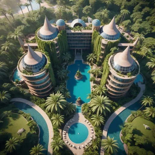 Prompt: very realistic hotel drone picture with a big garden and pool inspired in rainforest and Egypt palace towers design with  Dino Park in the area, real details 8k 