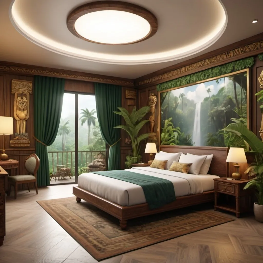 Prompt: very realistic hotel room with a king double side bed cloud and big inspired in rainforest and Egypt palace and wood design with pictures from Dino Park, 
real details 8k 