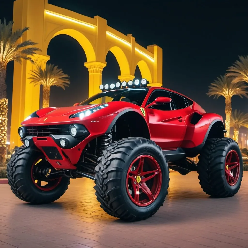 Prompt: gigant 4x4 buggy big wheels ferrari Land in the night of a Color Futuristic dubai City, realistic details 8k 
