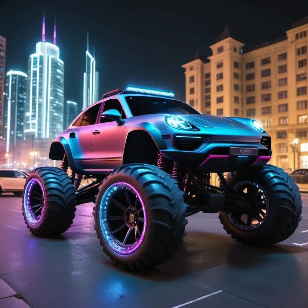 Prompt: gigant 4x4 buggy big wheels Porche Land in the night of a Color Futuristic City, realistic details 8k 
