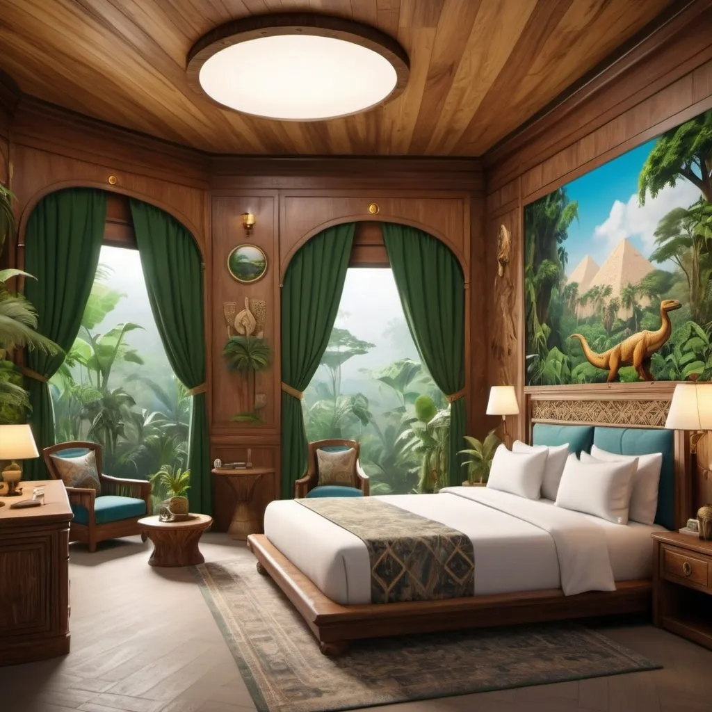 Prompt: very realistic hotel room with a king double side bed cloud and big inspired in rainforest and Egypt palace and wood design with pictures from Dino Park, 
real details 8k 