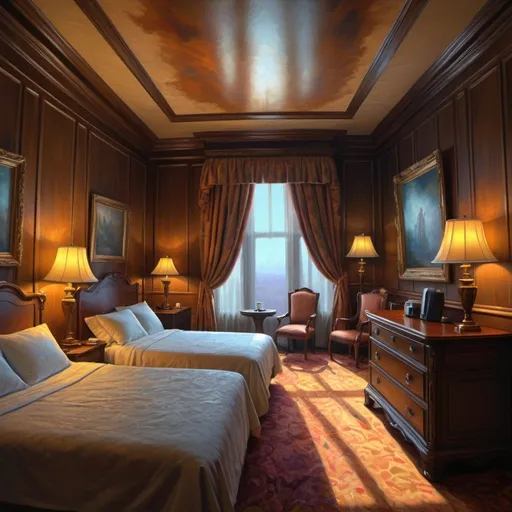 Prompt: An ominous and gloomy hotel room wood, a stunning Donato Giancola's masterpiece in, neat and clear tangents full of negative space , a dramatic lighting with detailed shadows and highlights enhancing depth of perspective and 8k volumetric drawing , a vibrant and colorful high quality digital painting in HDR