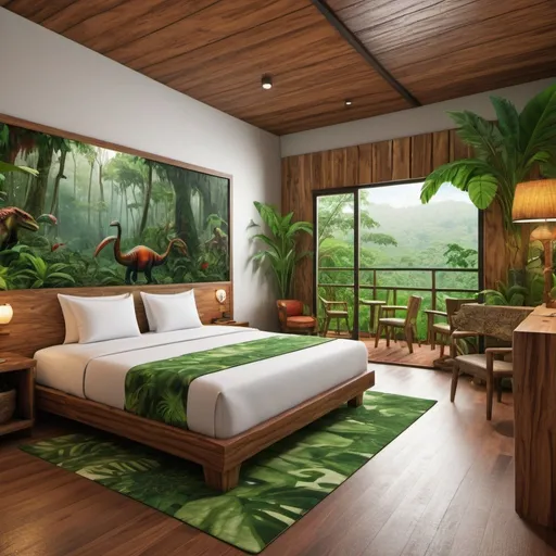 Prompt: a very realistic hotel room with a king double side cotton bed  inspired in the rainforest, Costa Rica Design and wood design with pictures from Dino Park, real details 8k