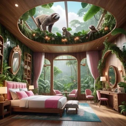 Prompt: very realistic luxury hotel room cloud and big inspired in the rainforest and Barbie movie palace and wood design with pictures from model girls and sloths in the tree, 
real details 8k 