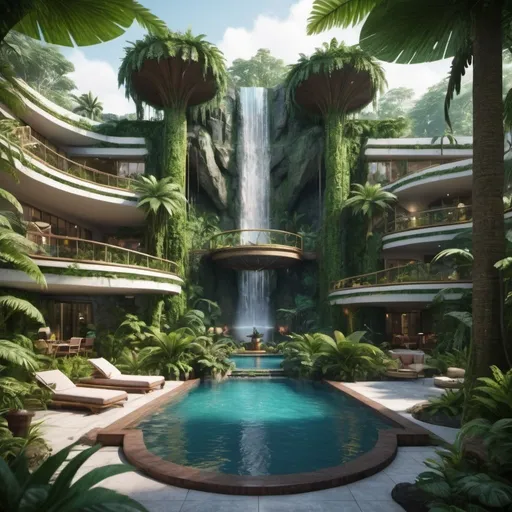 Prompt: very realistic hotel picture with a big garden and pool inspired in the rainforest with waterfalls and a palace designed with Dino Park in the area, real details 8k, in the pool there is a Yath inside style luxury 