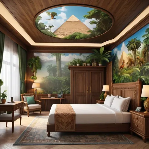 Prompt: very realistic hotel room big family with a king double side bed cloud and big inspired in rainforest and Egypt palace and wood design with pictures from Dino Park, 
real details 8k 