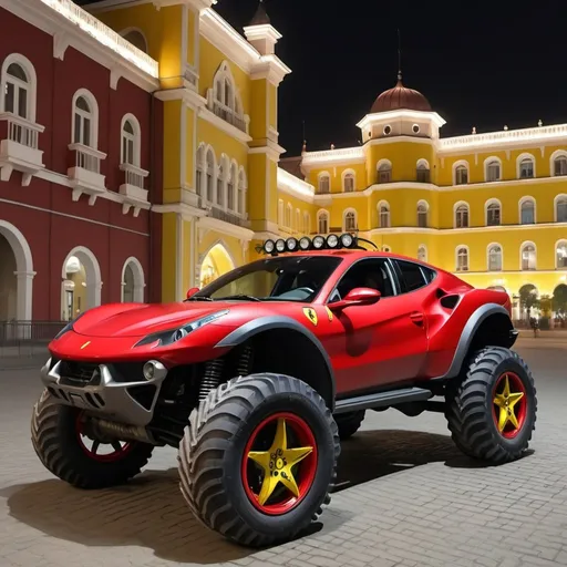 Prompt: 4x4 buggy big wheels Ferrari Land in the night of a Color Moscu City, realistic details 8k 
