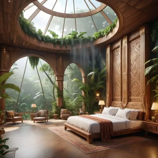 Prompt: very realistic luxury hotel cloud and big inspired in the rainforest and Egypt palace and wood design with pictures from model girls, 
real details 8k 