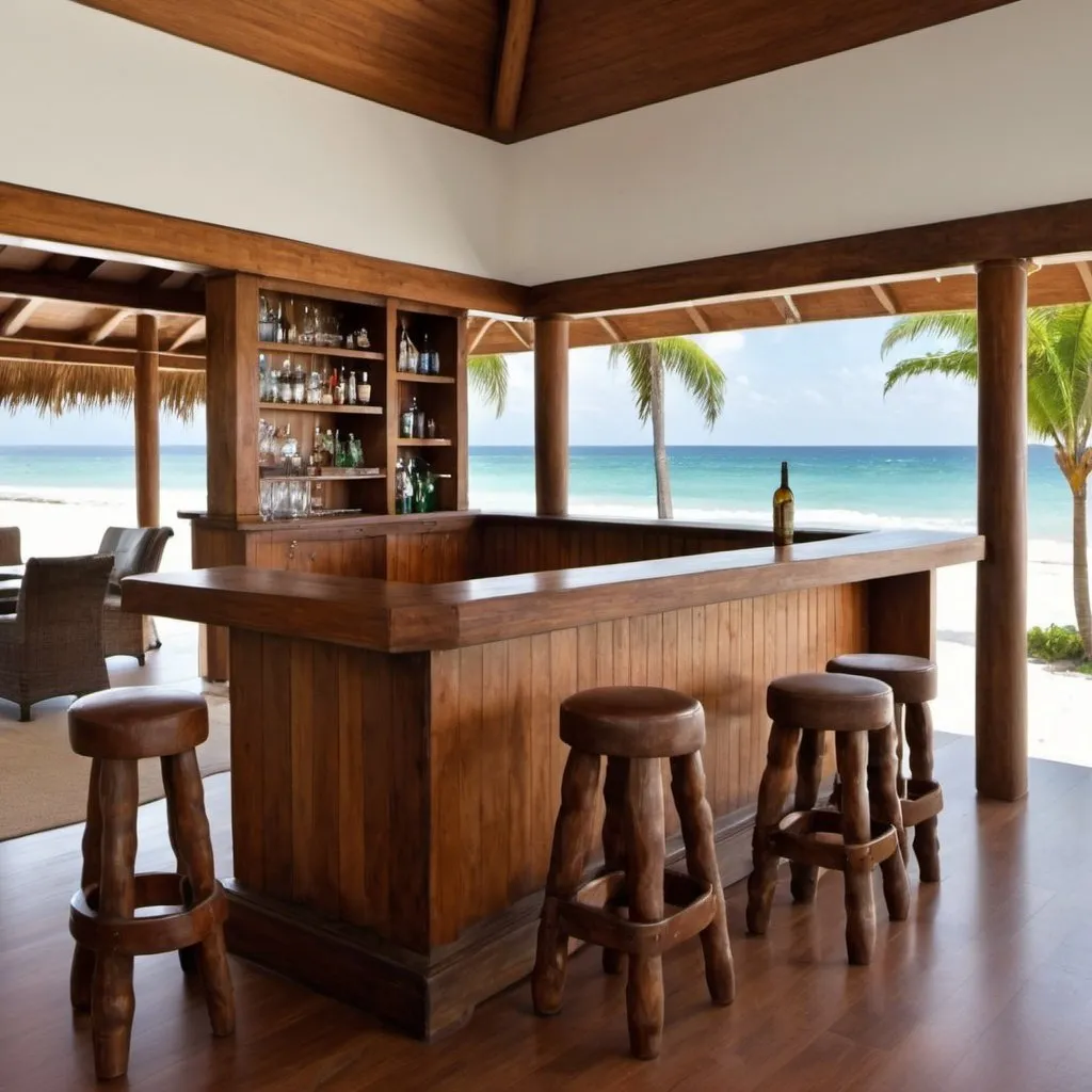 Prompt: beach house jamaica style wood with a big bar in the living room
