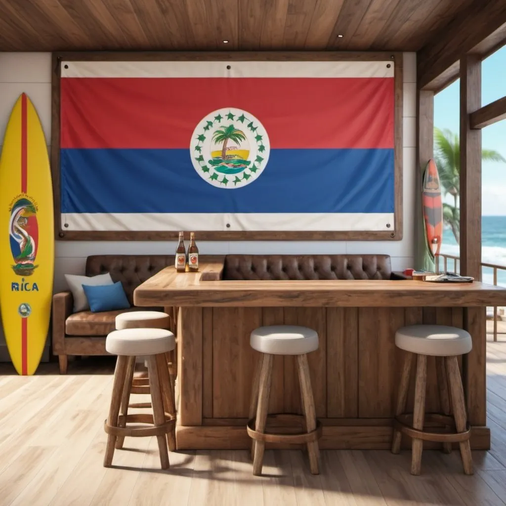 Prompt: beach house Pacific style wood with a big bar in the living room with big Costa Rica Flag on the wall and surfboard decoration, very realistic 8k extream details
