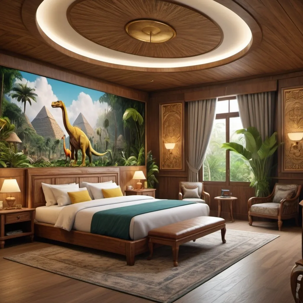 Prompt: very realistic hotel room big family with a king double side bed cloud and big inspired in rainforest and Egypt palace and wood design with pictures from Dino Park, 
real details 8k 