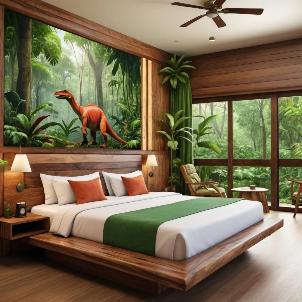 Prompt: a very realistic hotel room with a king double side cotton bed  inspired in the rainforest, Costa Rica Design and wood design with pictures from Dino Park, real details 8k