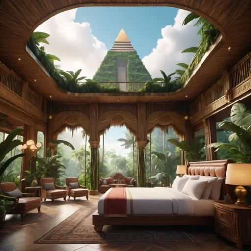 Prompt: very realistic luxury hotel cloud and big inspired in the rainforest and Egypt palace and wood design with pictures from model girls, 
real details 8k 