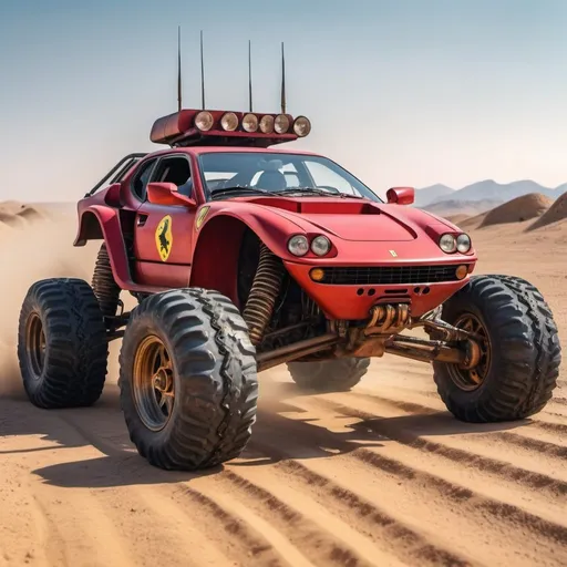 Prompt: 4x4 buggy big wheels Ferrari Guns Land in the desert Mad MAx movie style, realistic details 8k perspective 8k volumetric, a vibrant and colorful high quality realistic details in HDR