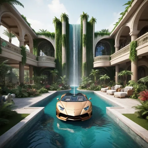 Prompt: very realistic hotel picture with a big garden and pool inspired in the rainforest with waterfalls and Dubai palace designed with Dino Park in the area, real details 8k, in the pool there is a Lamborgini-Yath style luxury 