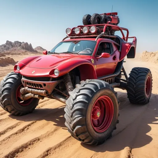 Prompt: 4x4 buggy big wheels Ferrari Land in the desert Mad MAx movie style, realistic details 8k perspective 8k volumetric, a vibrant and colorful high quality realistic details in HDR