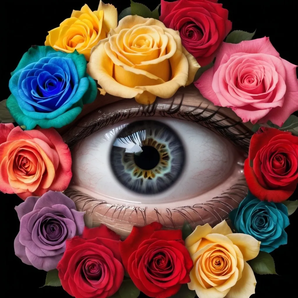 Prompt: Illuminati eye surrounded by various colored roses