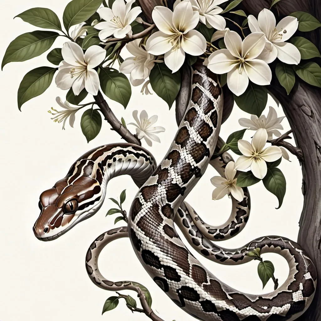 Prompt: Draw one Jamaican Boa constrictor hanging out of a lignum vitae tree with some of the tree flowers. Like the snake for the garden of eden. Make the snake look as female like as possible