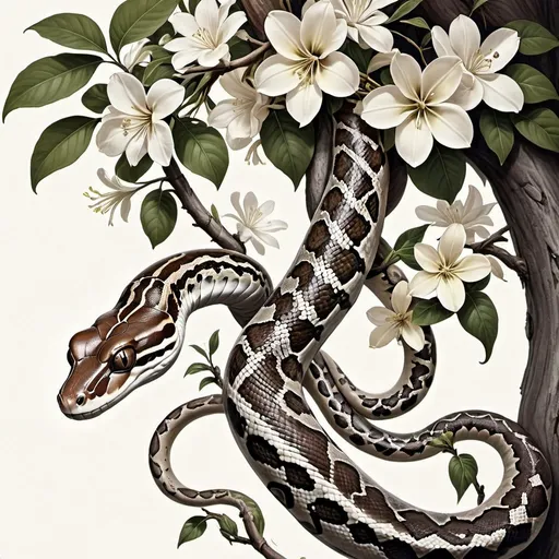 Prompt: Draw one Jamaican Boa constrictor hanging out of a lignum vitae tree with some of the tree flowers. Like the snake for the garden of eden. Make the snake look as female like as possible