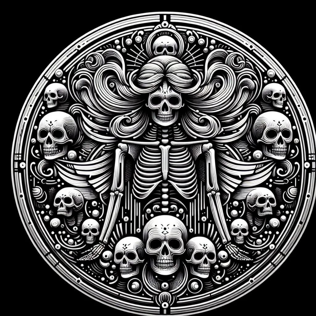 Prompt: Perfect circle, (white and black), perfect flat desing from top view, consistent symmetrical light and shades across perfect circle, clean flat design inside the circle only, stunning skeleton with hair surrounded with skulls of different sizes, intricate patterns, clear lines, high resolution, super sharp details, striking contrast, (no shadows), clean contrasts without black marks, designed for coin laser engraving, elegant and modern aesthetic, captivating visual effect, precise geometrical shapes, captivating focal point, simplistic yet mesmerizing allure.