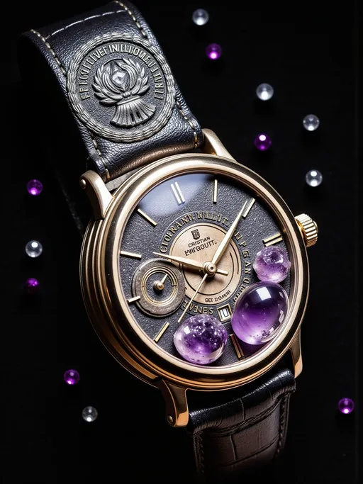 Prompt: a watch with a blue and gold dial on a black background with a black leather strap and a black background, Christian Hilfgott Brand, arabesque, finely detailed features, an engraving