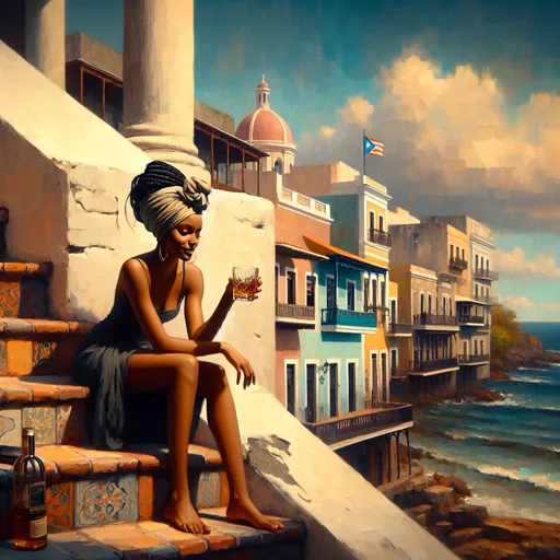 Prompt: A realistic painting of a beautiful dark-skinned latina woman in her 30s in Old San Juan Puerto Rico. She has her hair is in braids tied in a headwrap She is sitting on the steps drinking a glass of whisky and enjoying the view. In the background, you can see the ocean and a colorful sky on one side and the colorful buildings on the other side