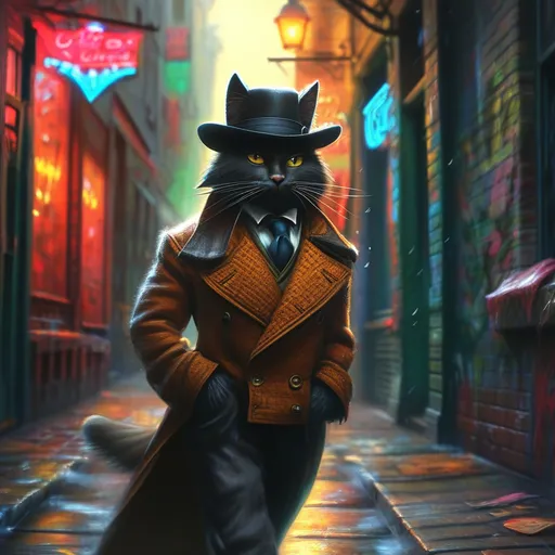 Prompt: A stylish tom cat dressed in a sharp, vintage zoot suit with wide lapels, high-waisted trousers, and a fedora tilted at a jaunty angle, strolling confidently down a dimly lit urban alley. Flickering neon signs cast colorful reflections on wet cobblestones, enhancing the moody, noir atmosphere. Shadows loom around graffiti-covered brick walls, while a faint drizzle adds a moody sheen to the scene. The cat’s confident stride and sly grin exude coolness and swagger, capturing a cinematic vibe in a noir-inspired, slightly exaggerated style.