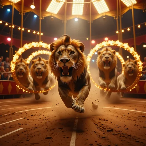 Prompt: Toy Lions jump through rings of fire  in the circus center ring in the circus big top ,  Disney style animation