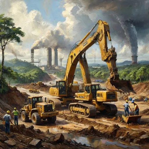 Prompt: Large earth moving equipment digging up trees and earth with workmen toiling around it, building the Panama Canal