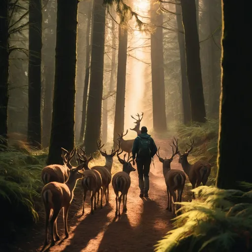 Prompt: A man hiking in the Oregon Woods with a group of deer , Warm tender lighting