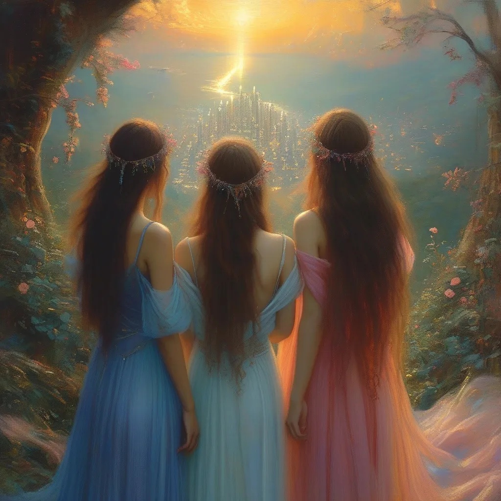 Prompt: Three women standing together on a lush, mystical hilltop at sunset, gazing into an ethereal opening in the sky that reveals a shimmering city of stunning beauty and peaceful serenity. Warm golden light bathes the scene, casting gentle glows on their faces and flowing garments, as soft clouds swirl around the portal. The air is filled with a sense of wonder and hope, enhanced by delicate pastel hues and a dreamy, cinematic atmosphere. Inspired by surreal fantasy art, this scene evokes awe and harmony, emphasizing their shared reverence for the hidden wonders beyond.