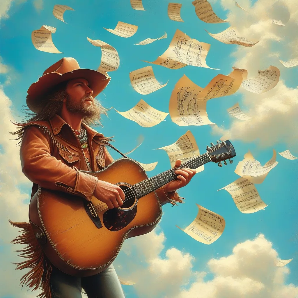 Prompt: A cool country western guitarist floating on a sky full of musical notes