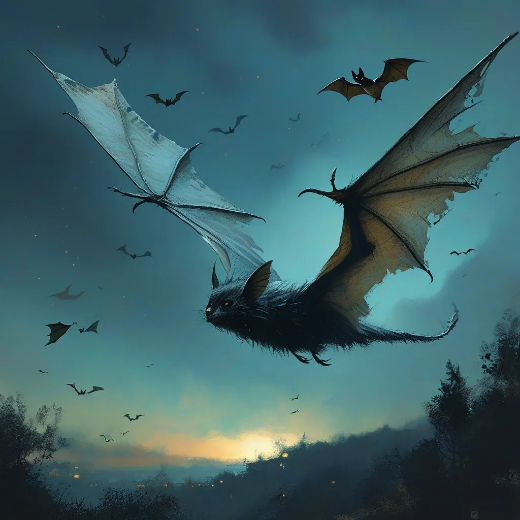 Prompt: A Winged Creature floats over the night sky with bats flying all around it. lighting is ominous and dramatic
