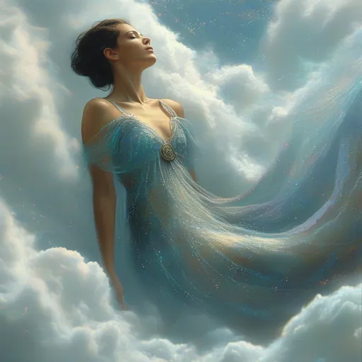 Prompt: A woman in shimmering robes, floating  in a vortex of dreamy clouds and shimmering light